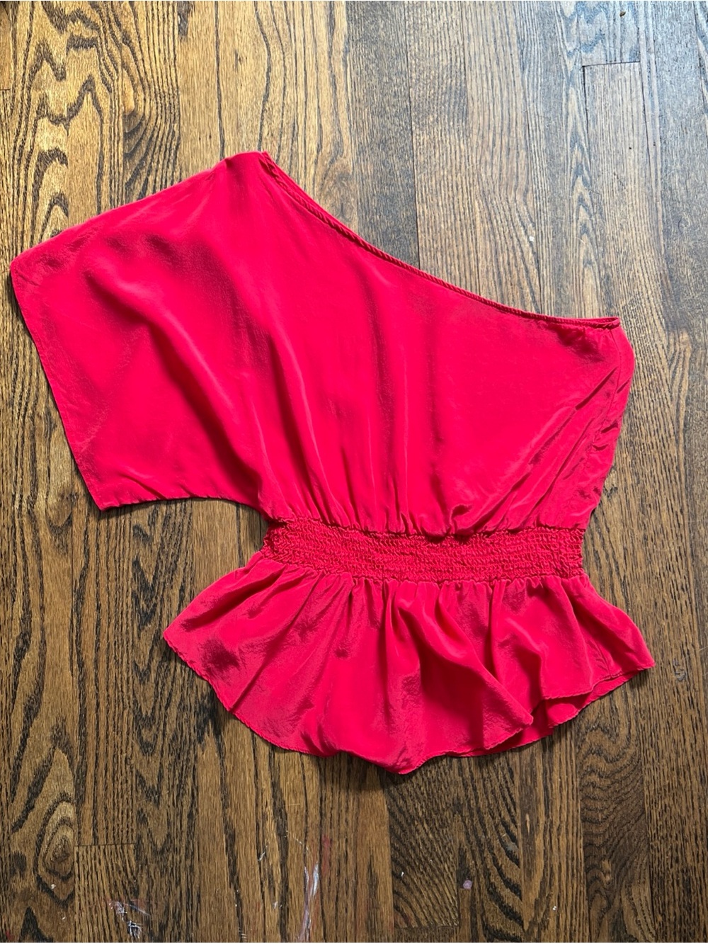 Chloe Rose Women’s Medium Red 100% Silk Peplum One Shoulder Blouse Top Boutique